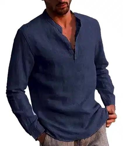 Polera De Algodón Y Lino Hombre Cuello V Manga Larga Slim Fit